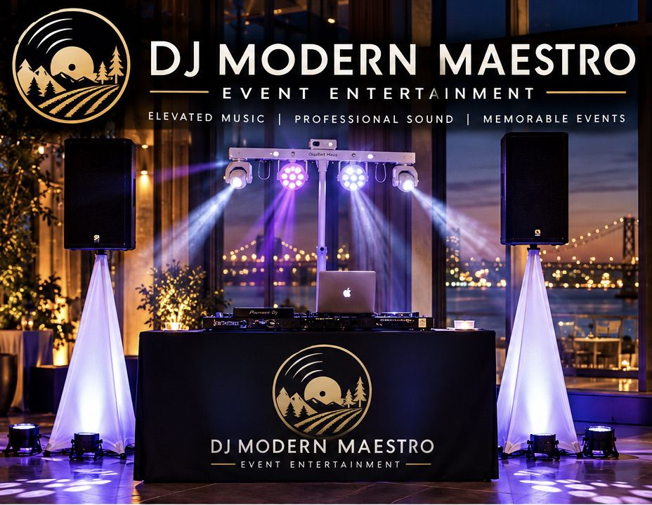 The DJ Modern Maestro booth set up with speakers and lighting under string lights at an evening event in Wine Country